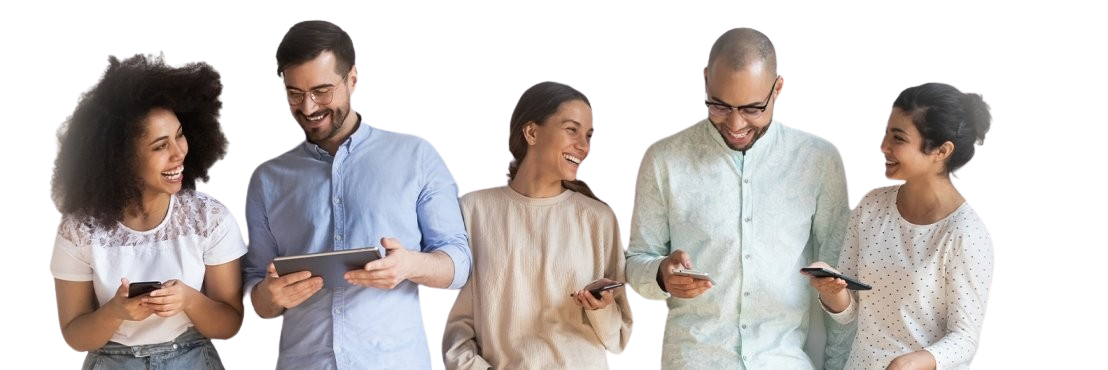 A group of people standing together, holding their phones, against a home background image.